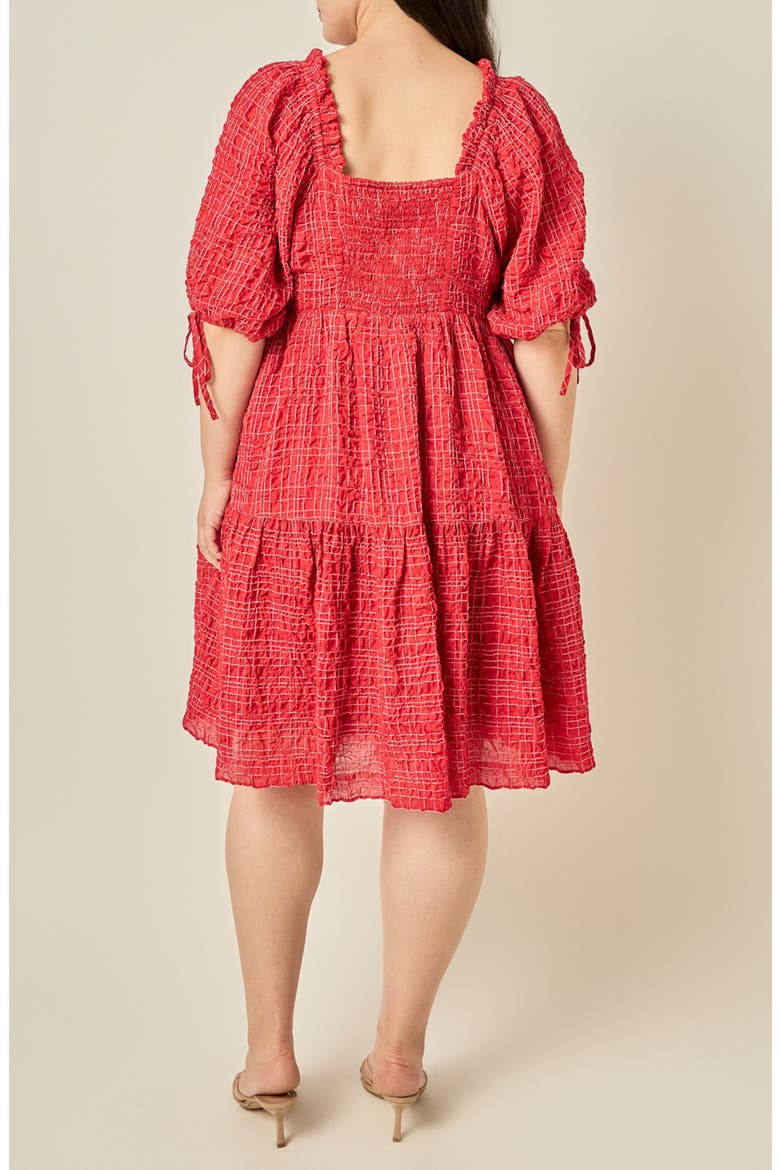 Crinkled Gingham Flounce Dress, Alternate, color, BURGUNDY