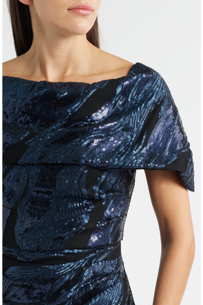 Sequin Wave Off the Shoulder Gown, Alternate, color, NAVY
