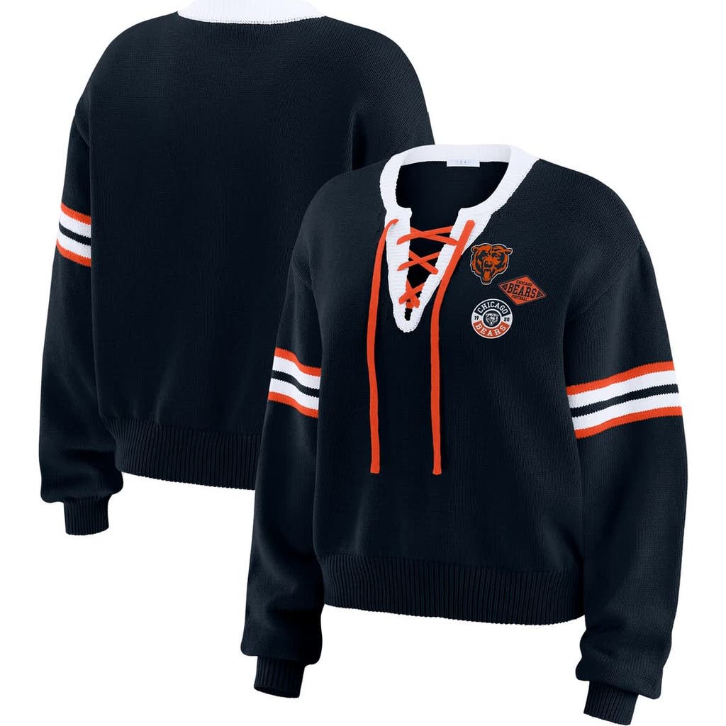 Wear By Erin Andrews Navy Chicago Bears Lace-up Pullover Sweatshirt In Blue