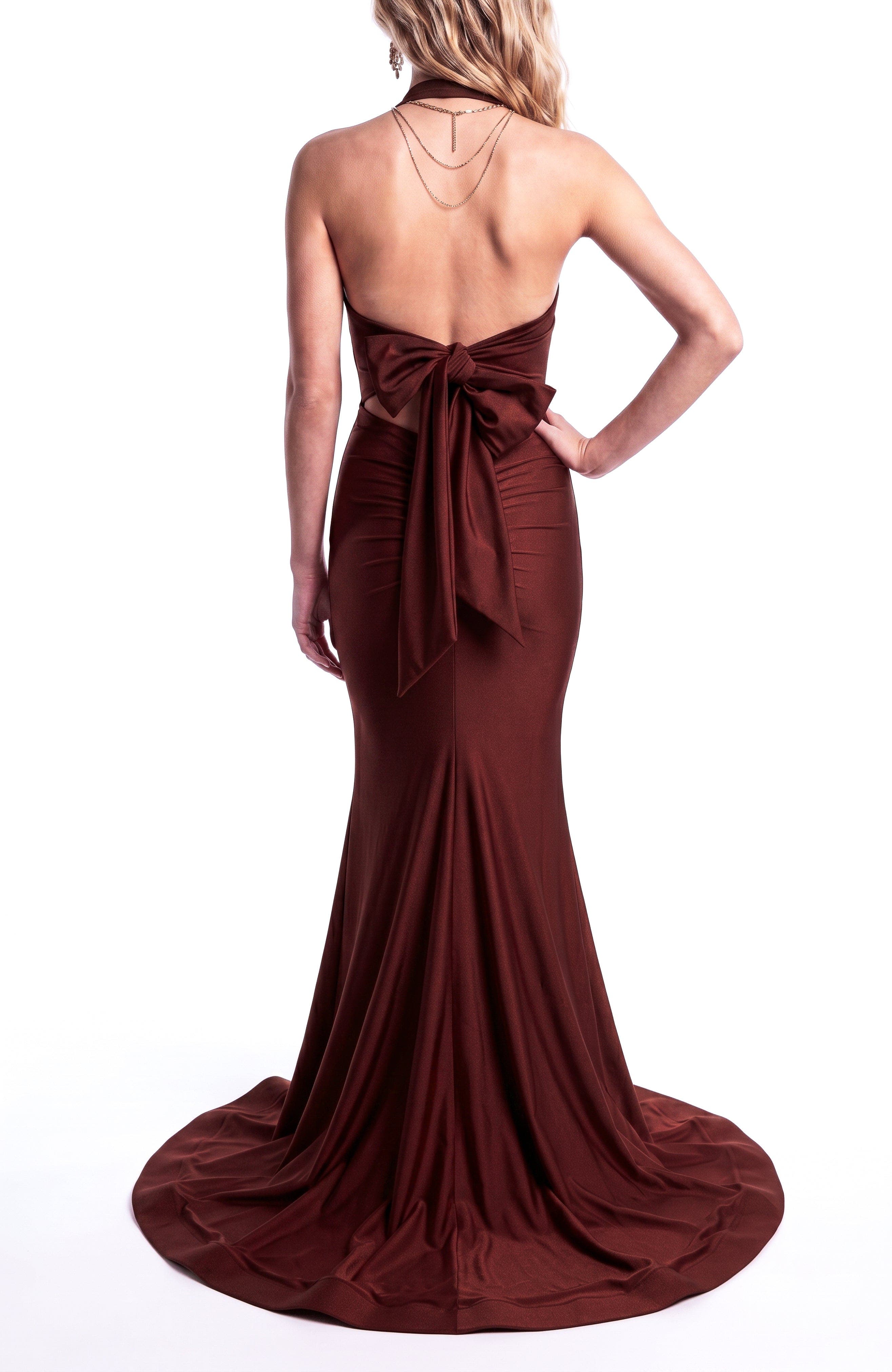 Jessica Angel Open-Back Halter Mermaid Gown With Bow Back Detail (Women ...