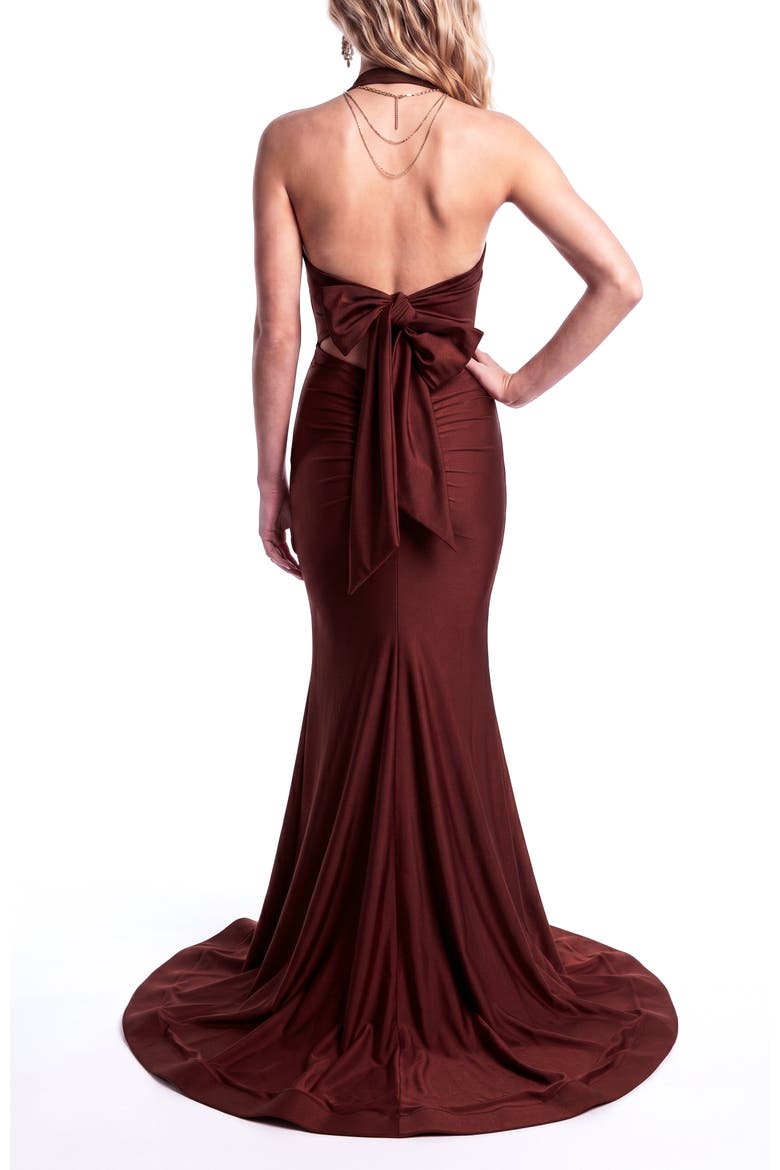 Open-Back Halter Mermaid Gown With Bow Back Detail, Alternate, color, Brown
