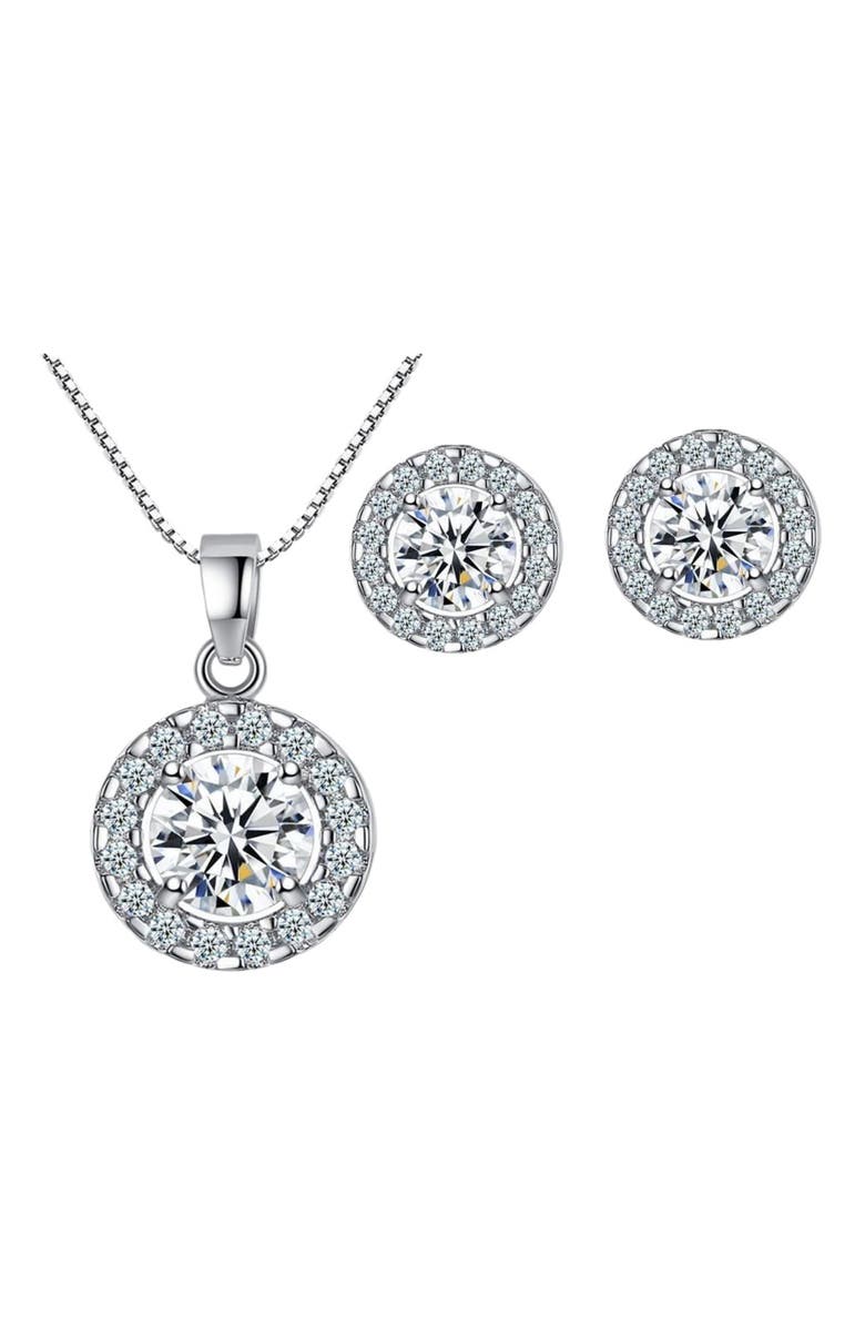 Hollywood Sensation Halo Cubic Zirconia Necklace Set, Main, color, Silver