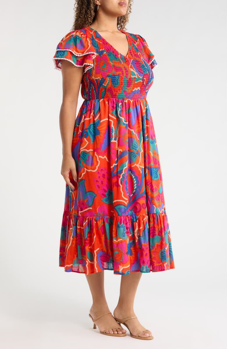 SUGARLIPS Ranchero Sunfire Floral Tiered Midi Dress, Alternate, color, Red-Multi