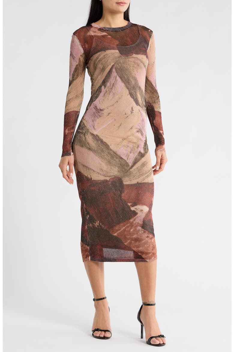 Long Sleeve Mesh Body-Con Dress, Main, color, BROWN