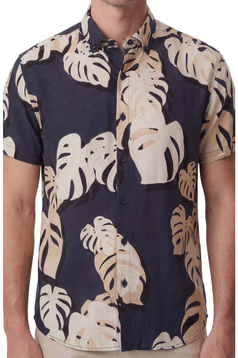 Monstera Floral Mens Merino Wool Button-up Shirt, Alternate, color, MONSTERA FLORAL SMOKE