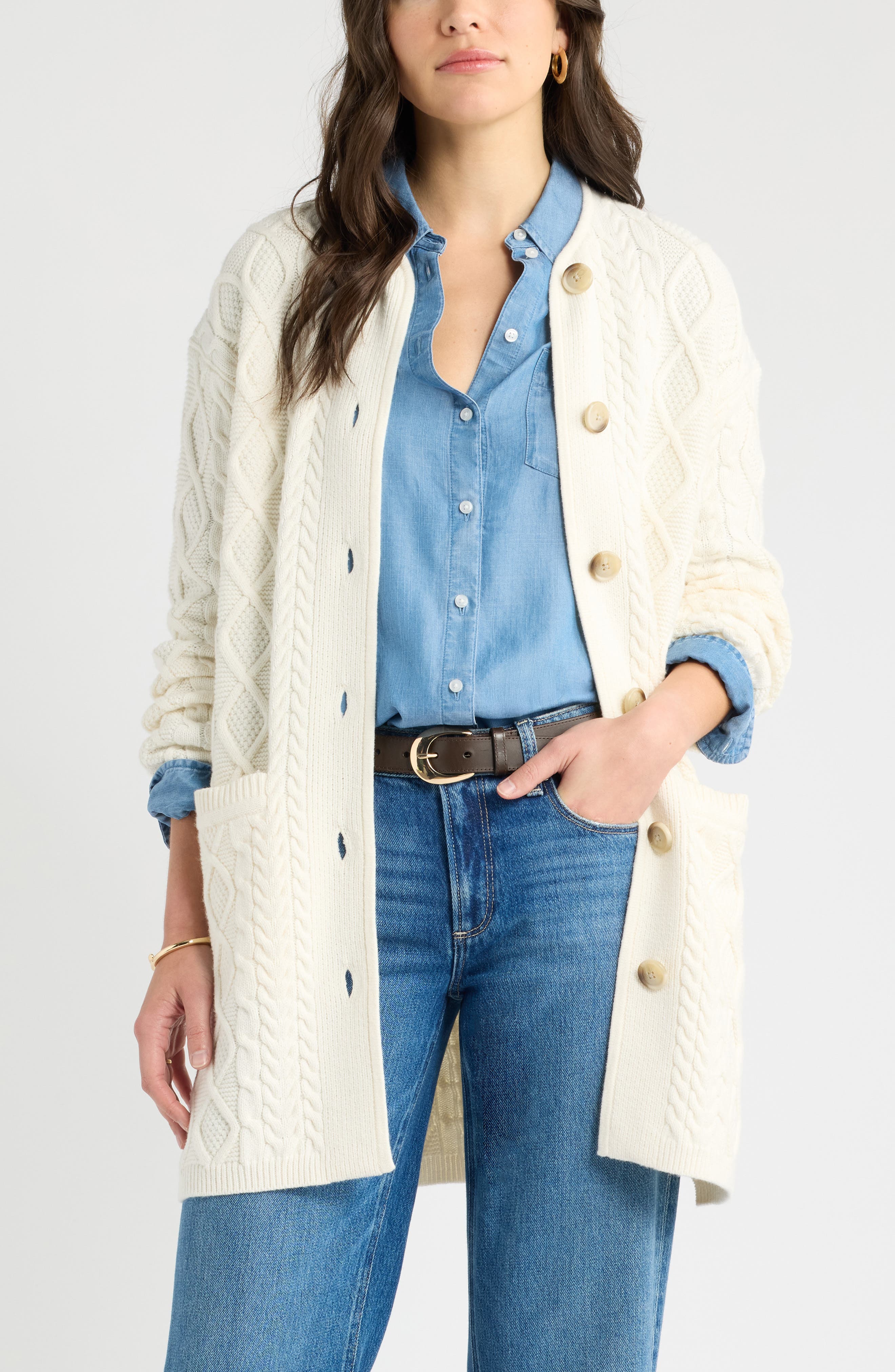 Caslon® Cable Stitch Cardigan Sweater Jacket (Women) | Nordstrom