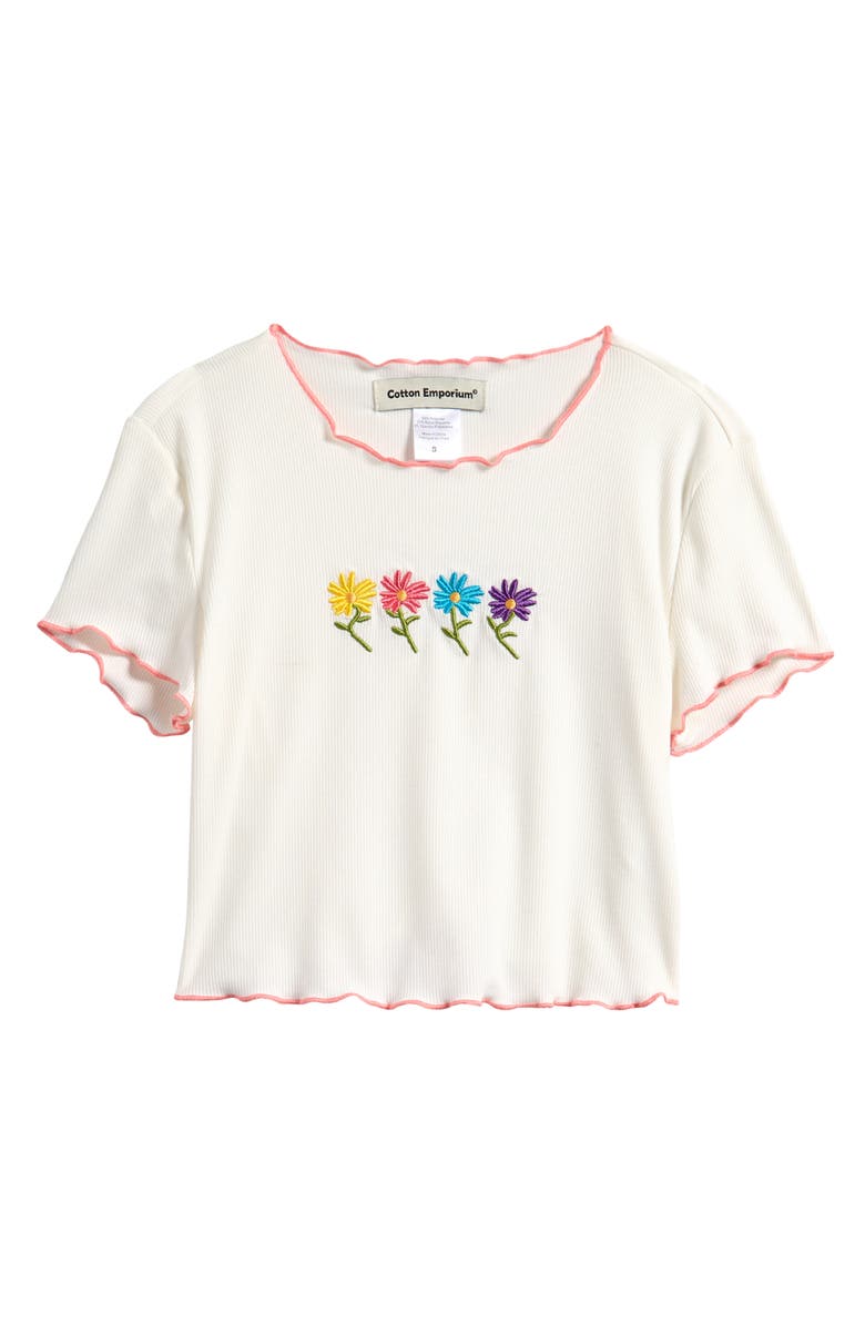 Cotton Emporium Kids' Floral Embroidered Rib T-Shirt, Main, color, White