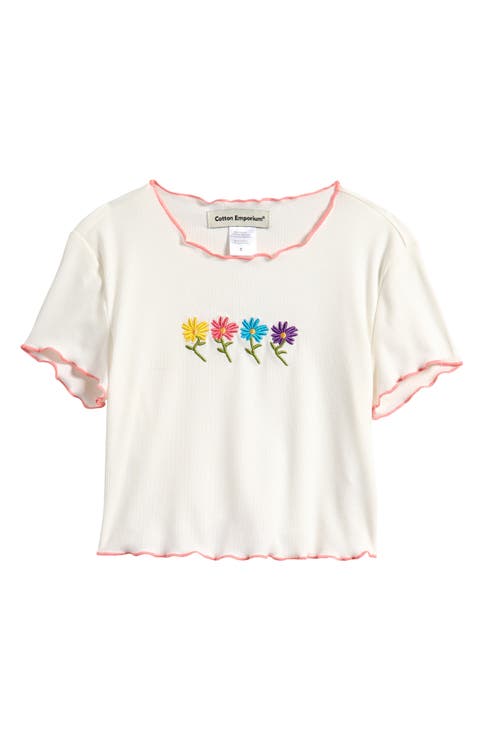 Kids' Floral Embroidered Rib T-Shirt (Big Kid)