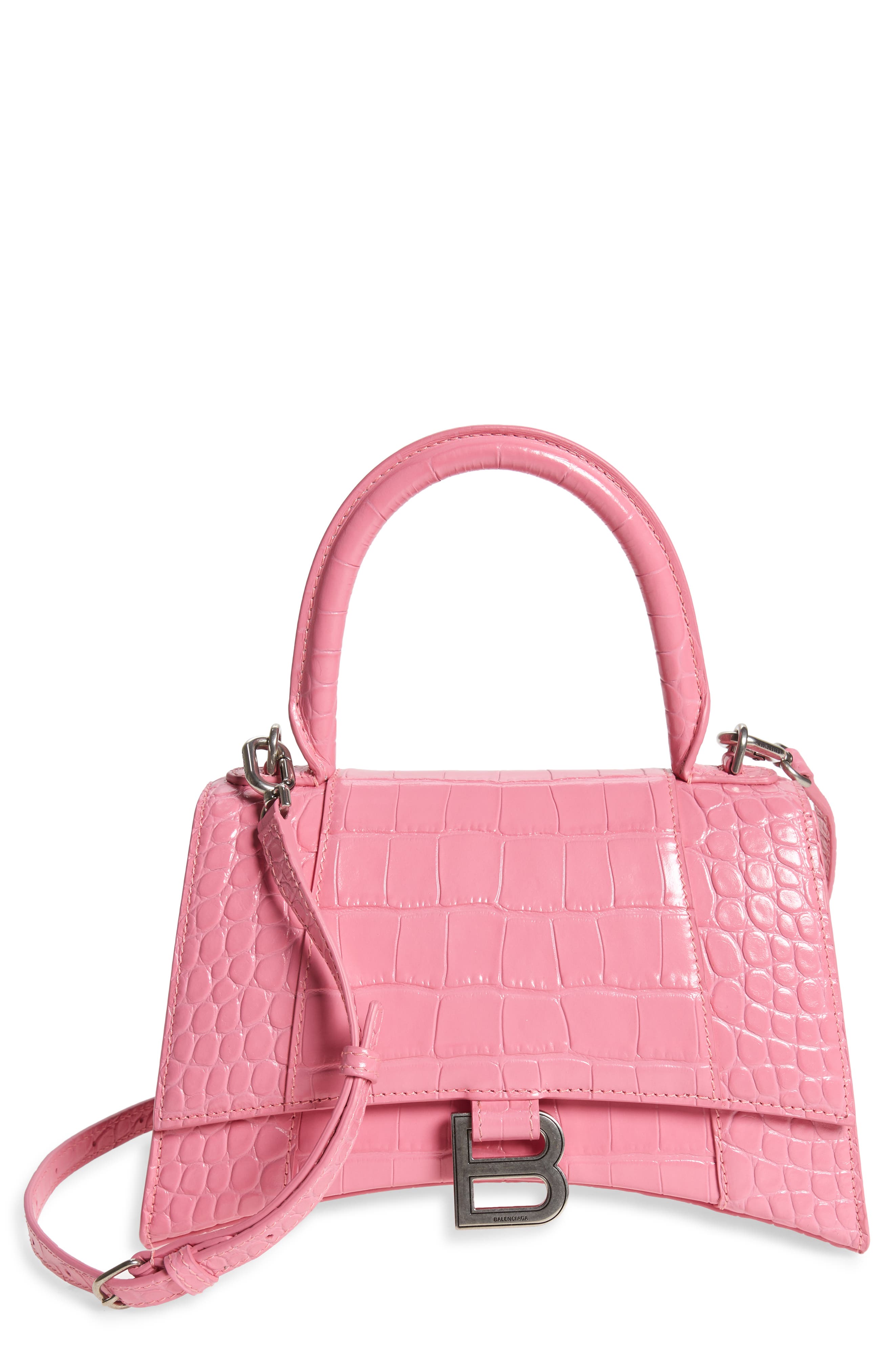 Small Hourglass Croc Embossed Leather Top Handle Bag, Main, color, BABY PINK