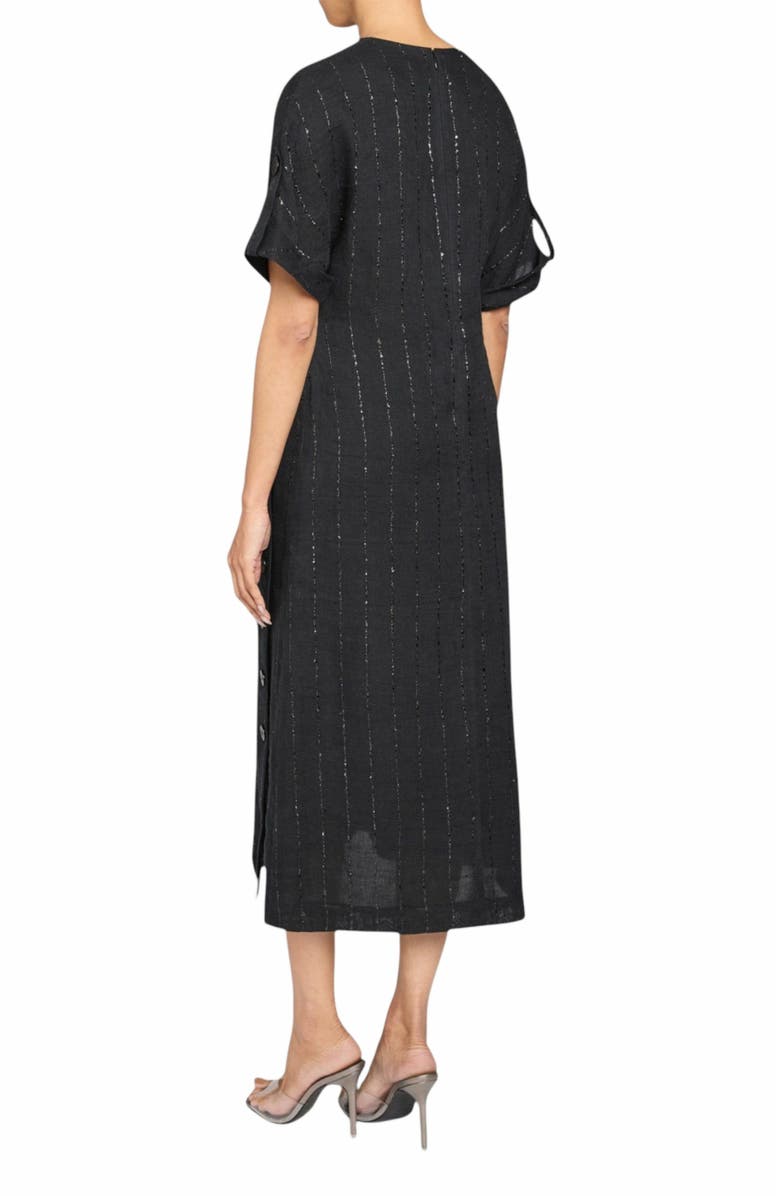Santorelli SERAFINA Short Sleeve Midi Shift Dress with Side Skirt Buttons in Metallic Striped Linen, Alternate, color, Black