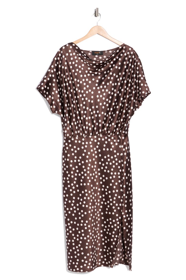 Polka Dot Short Sleeve Satin Midi Dress, Alternate, color, BROWN