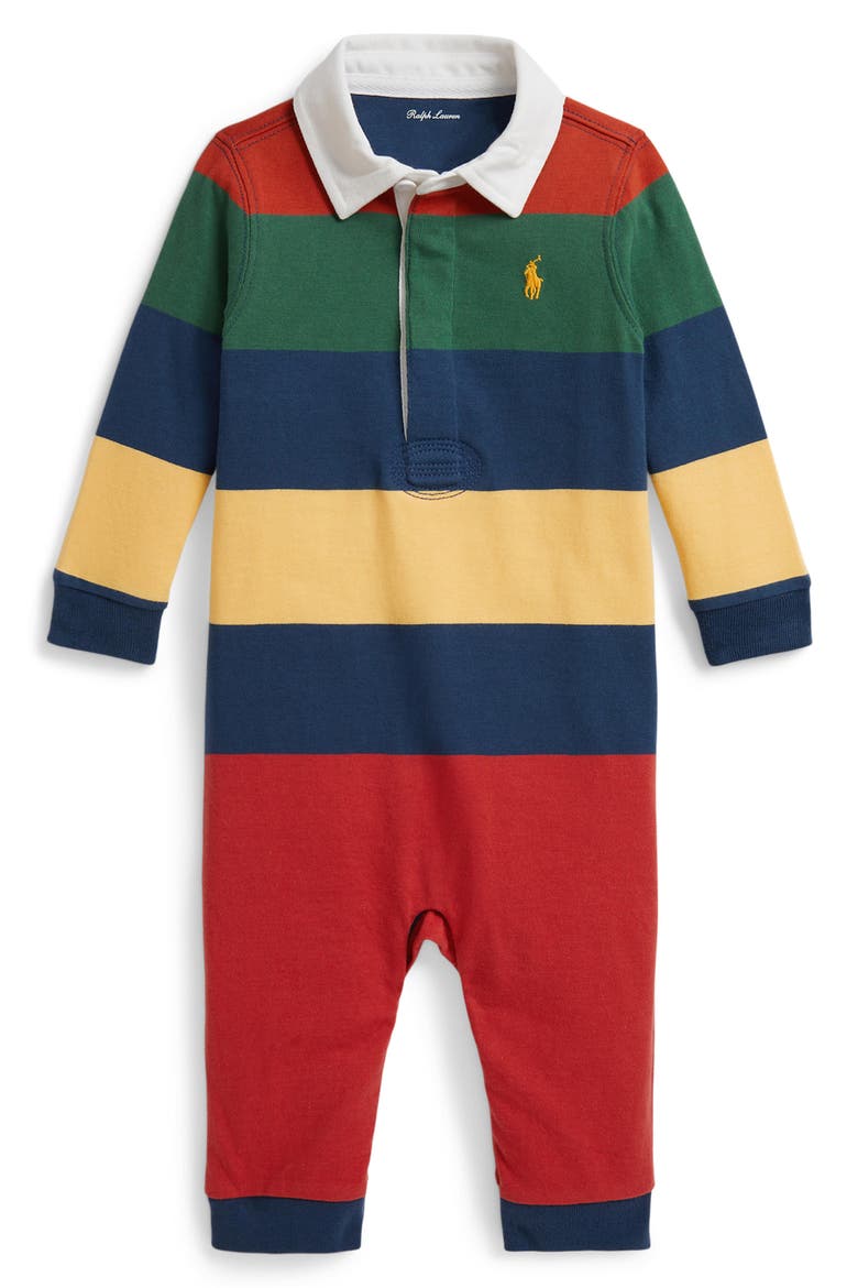 Kids' Stripe Cotton Rugby Coverall, Main, color, POST RED MULTI
