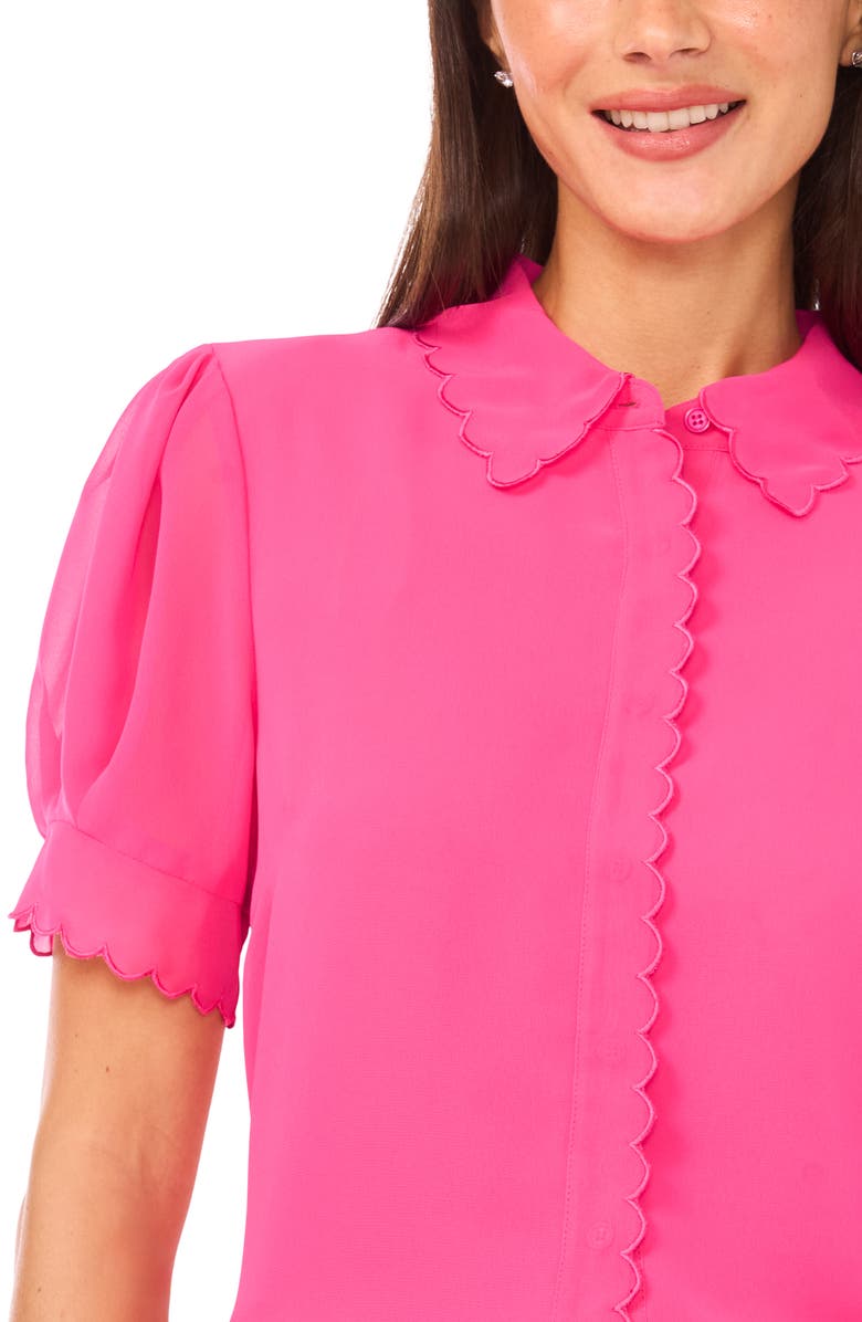 CeCe Scallop Trim Button-Up Shirt, Alternate, color, Brilliant Fucshia