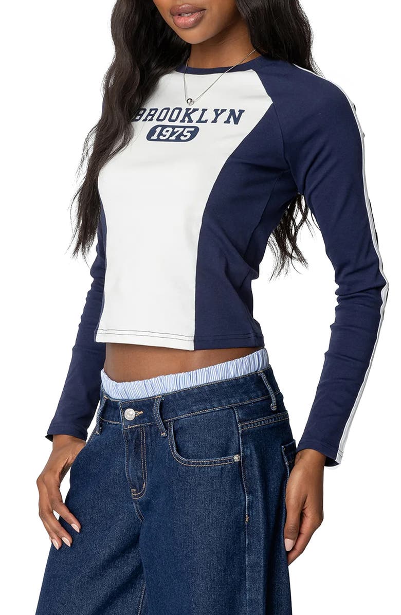 EDIKTED Brooklyn Graphic Long Sleeve Stretch Cotton T-Shirt, Alternate, color, Navy