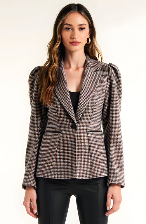 Modenaire Houndstooth Blazer With Puff Shoulders, Notch Lapels And Single Button In Multi