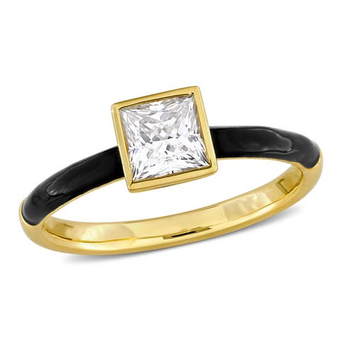 Moissanite & Black Enamel Halo Solitaire Ring