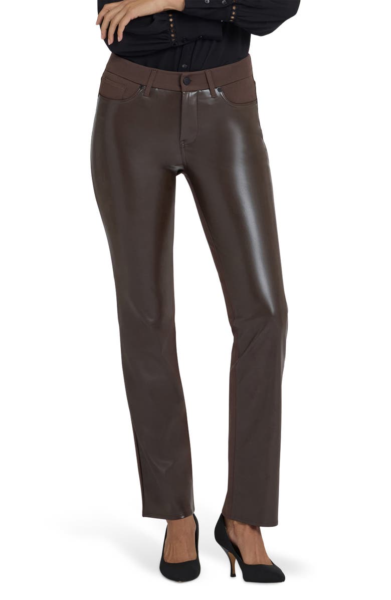 NYDJ Marilyn Straight Leg Mixed Media Faux Leather Pants, Main, color, Coffee Bean