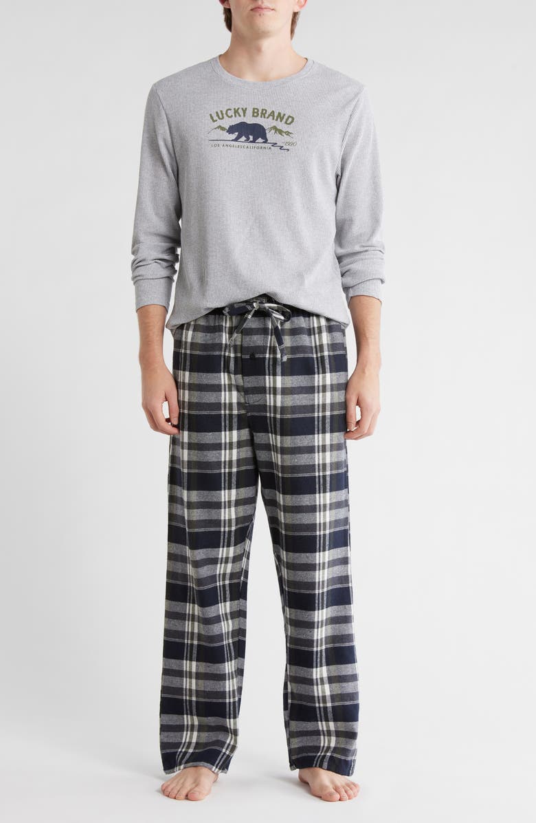 Lucky Brand Long Sleeve Thermal Shirt & Plaid Flannel Pants Pajamas, Alternate, color, Charcoal Heather Grey/Indigo