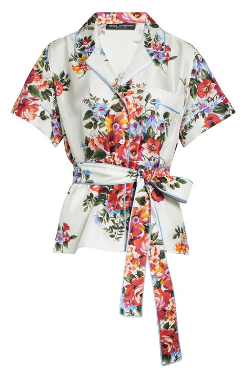 Floral Bouquet Print Belted Silk Twill Shirt