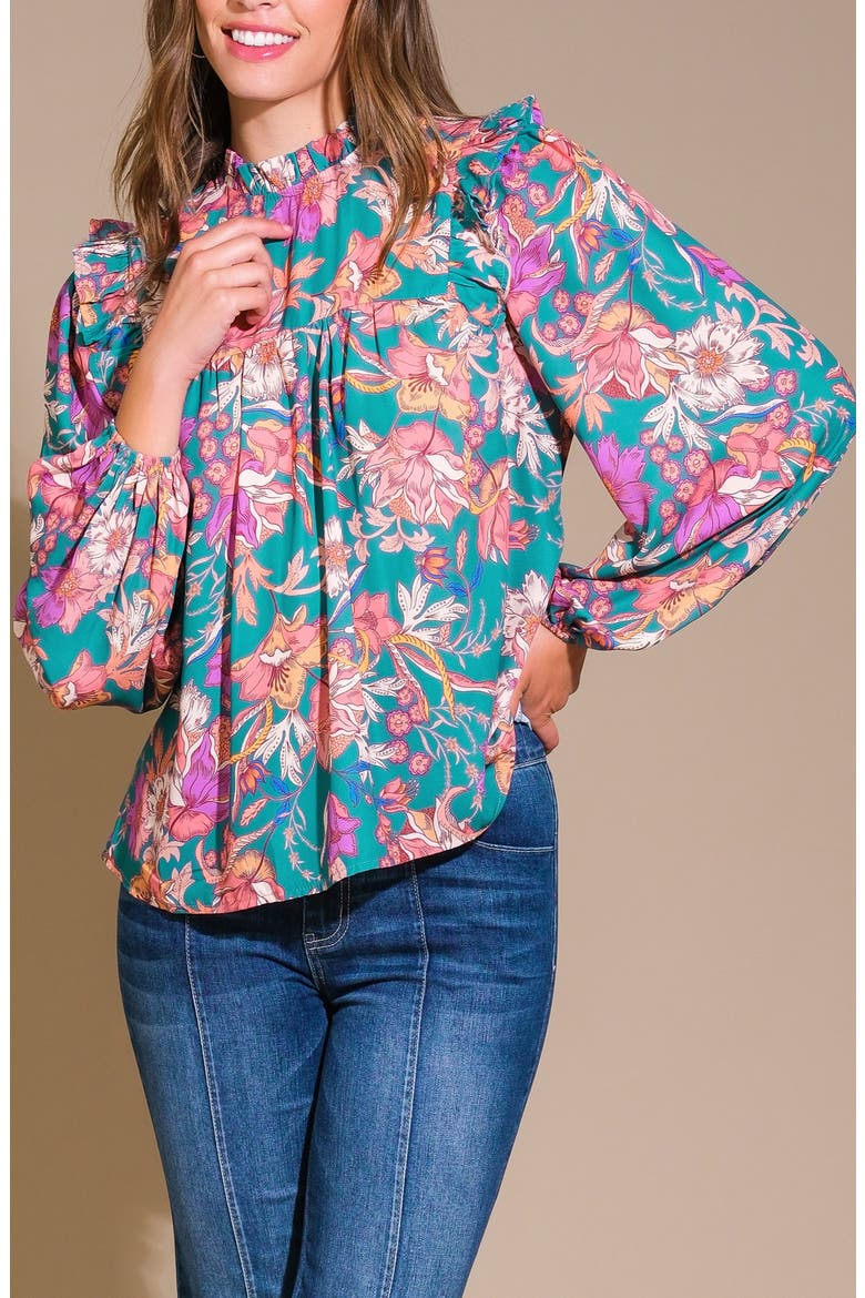 Floral Print Mock Neck Top, Alternate, color, TEAL