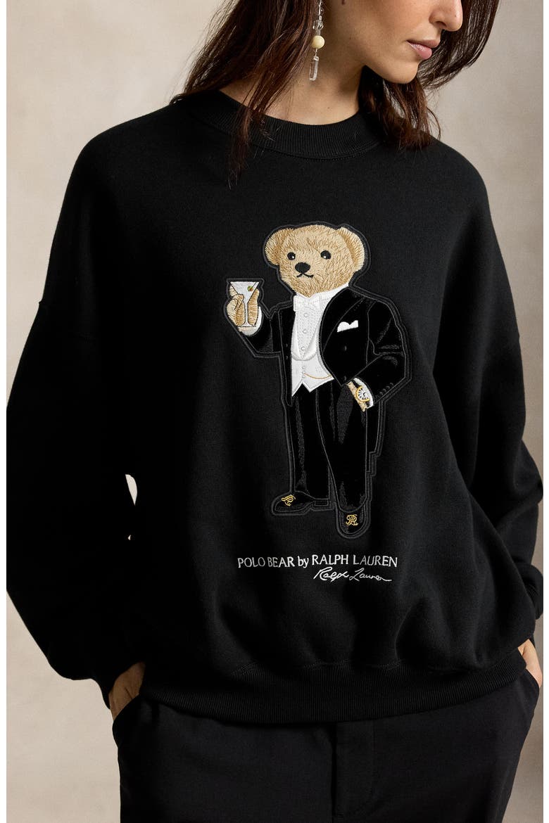 Martini Polo Bear Patch Fleece Crewneck Sweatshirt, Alternate, color, BLACK