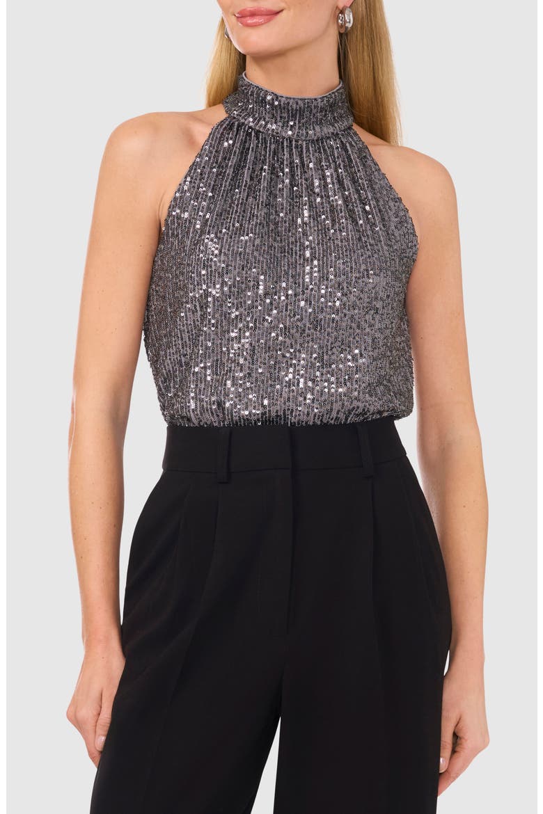 Halter Neck Sequin Top, Main, color, SMOCKED PEARL GREY