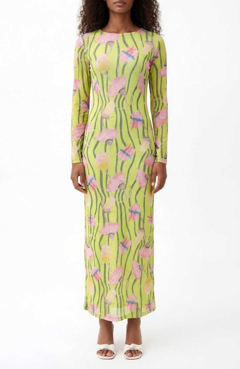 The Lulo Project Nellas Paisley Long Sleeve Mesh Maxi Dress, Main, color, Aussie Desert Flowers