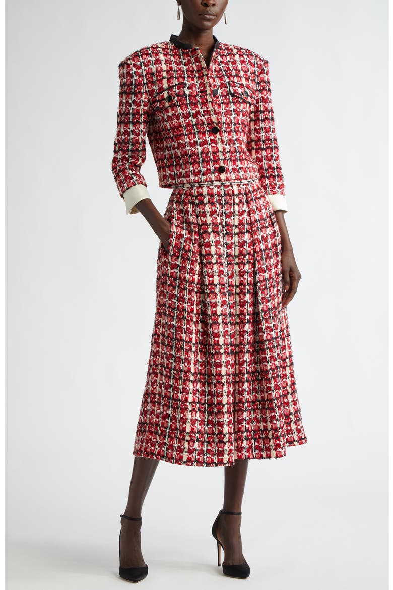 Plaid Eyelash Tweed Crop Jacket, Alternate, color, HAUTE RED/ BLACK/ PEARL MULTI