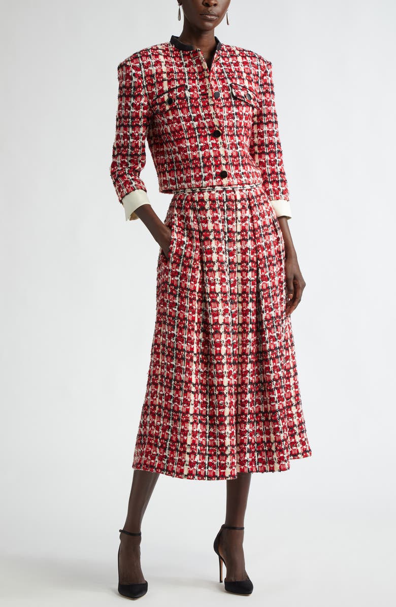 ST. JOHN Plaid Eyelash Tweed Crop Jacket, Alternate, color, Haute Red/ Black/ Pearl Multi