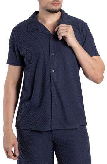 Spring + Mercer Jacquard Terry Button-up Polo In Dusty Ink Blue