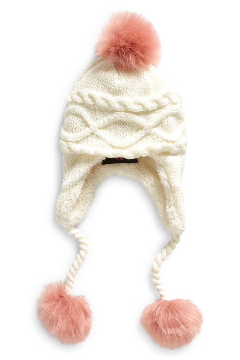 Kids' Fleece Lined Cable Knit Beanie with Faux Fur Pompoms, Main, color, WHITE/DUSTY ROSE