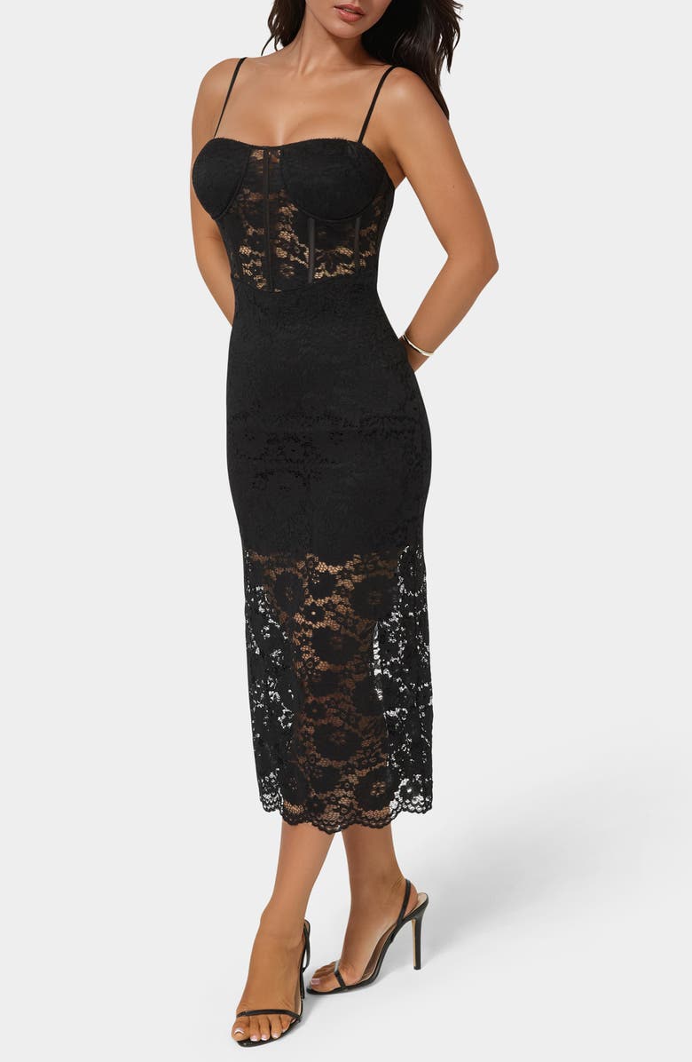 bebe Lace Corset Body-Con Midi Dress, Alternate, color, Black