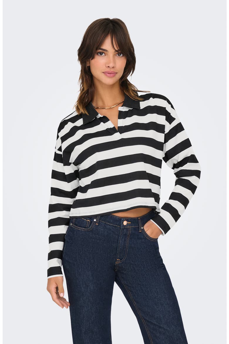 May Life Stripe Boxy Polo Top, Alternate, color, BLACKSTRIPES CLOUD DANCER