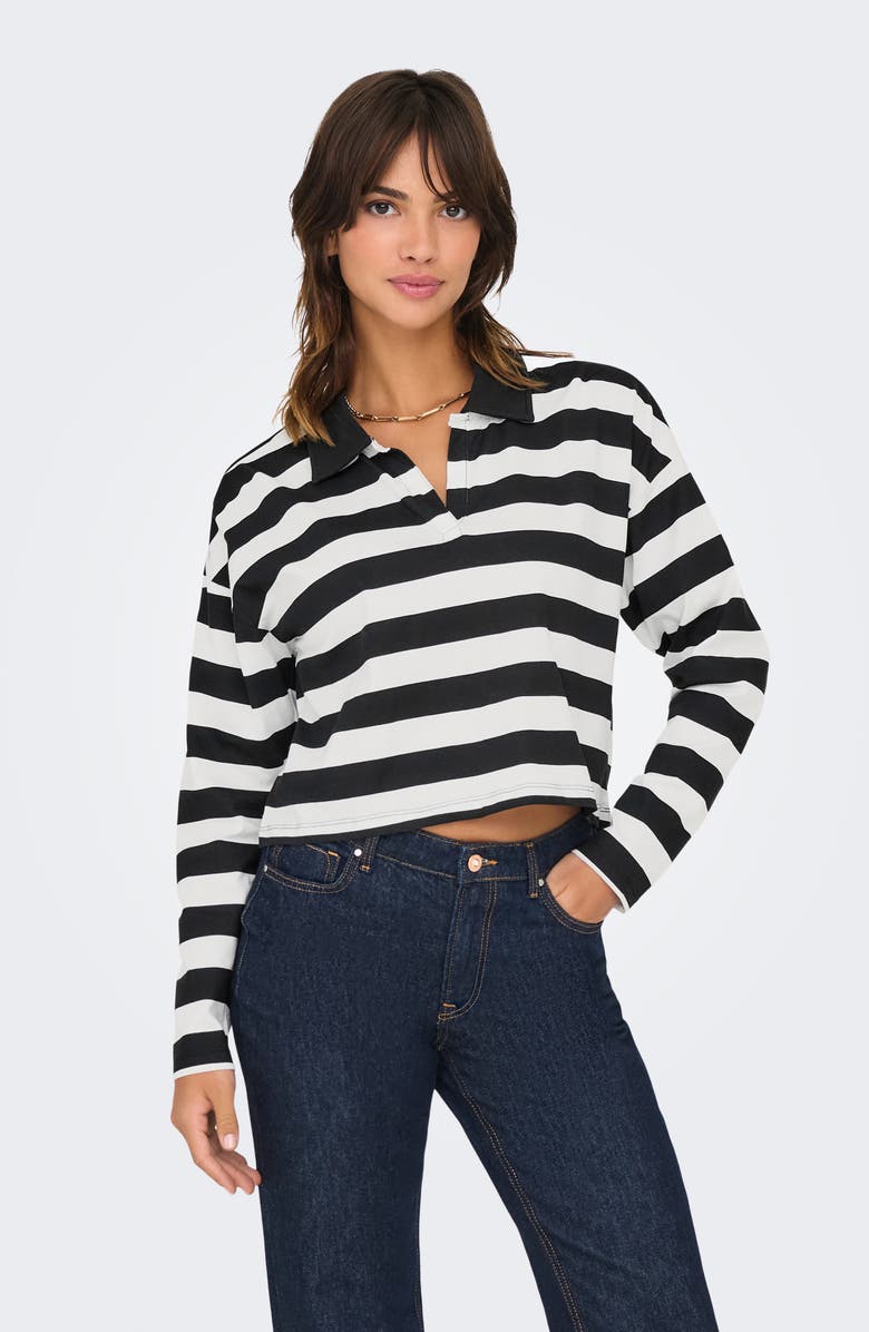Only May Life Stripe Boxy Polo Top, Alternate, color, Blackstripes Cloud Dancer
