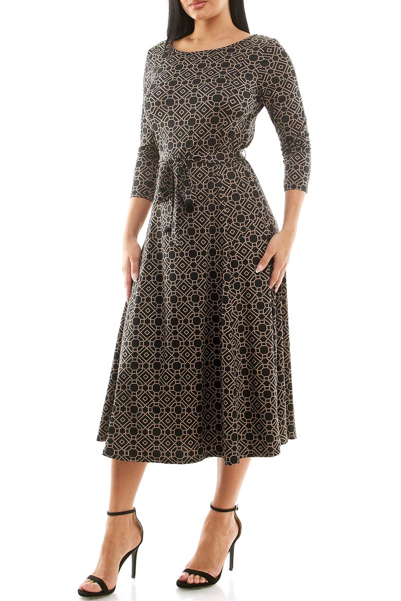 Crewneck Three-Quarter Sleeve Midi Dress, Alternate, color, BLACK/ MINK