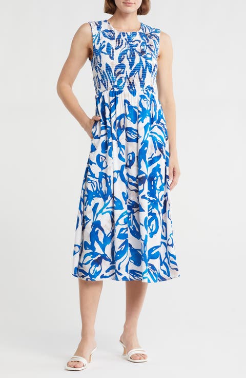 Trop Floral Sleeveless Smocked Midi Dress