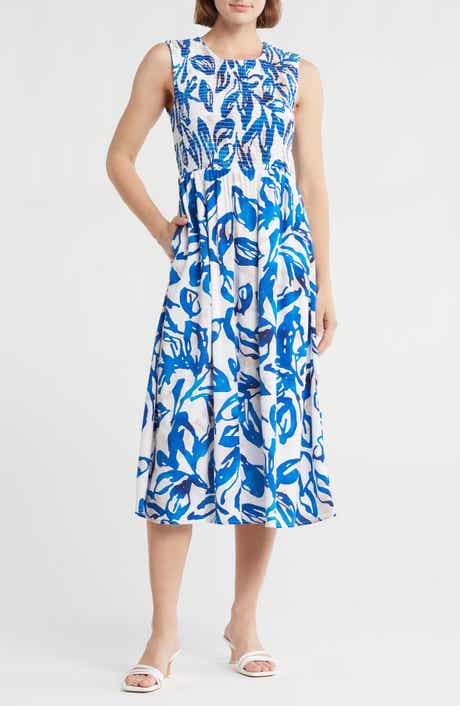 Calvin Klein Trop Floral Sleeveless Smocked Midi Dress