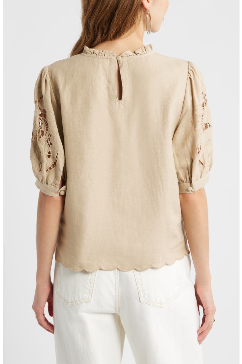 Embroidered Cutwork Puff Sleeve Linen Blend Top, Alternate, color, BEIGE HUMUS