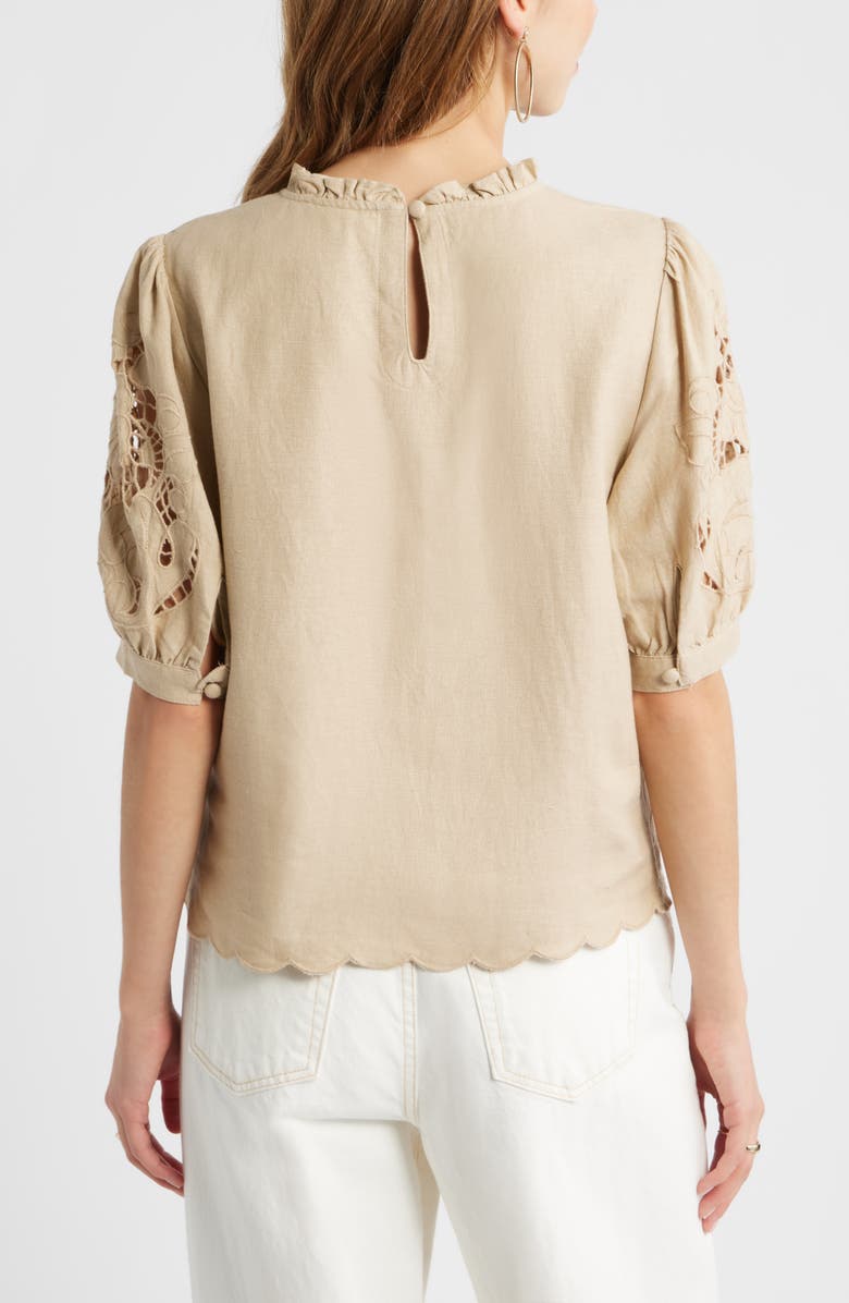 Treasure & Bond Embroidered Cutwork Puff Sleeve Linen Blend Top, Alternate, color, Beige Humus