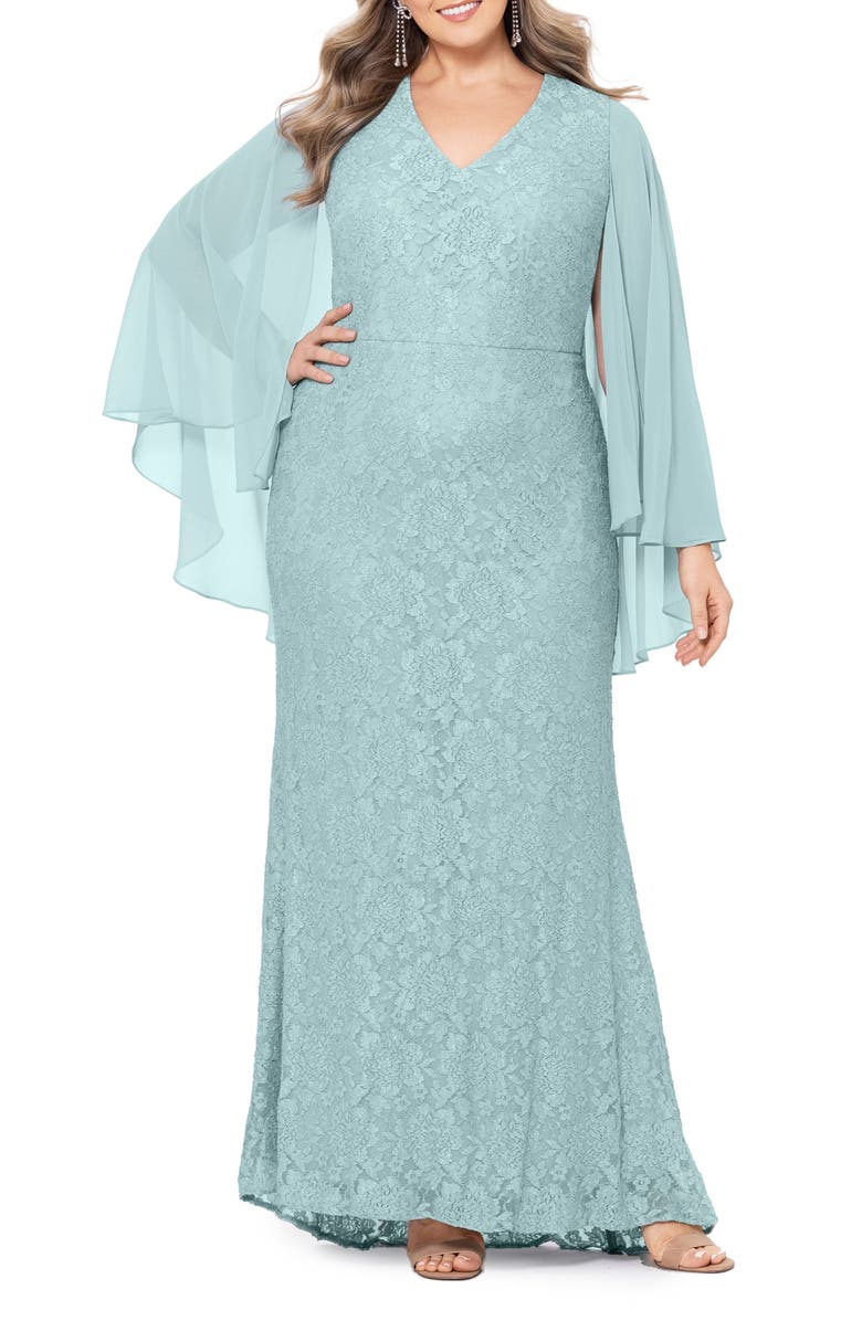 Betsy & Adam Lace Cape Sleeve Gown, Main, color, 
