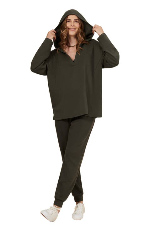 V-Neck Pullover Scuba Knit Hoodie