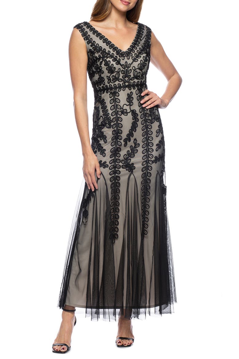 Sleeveless Embroidered Mesh Gown, Main, color, BLACK/ NUDE