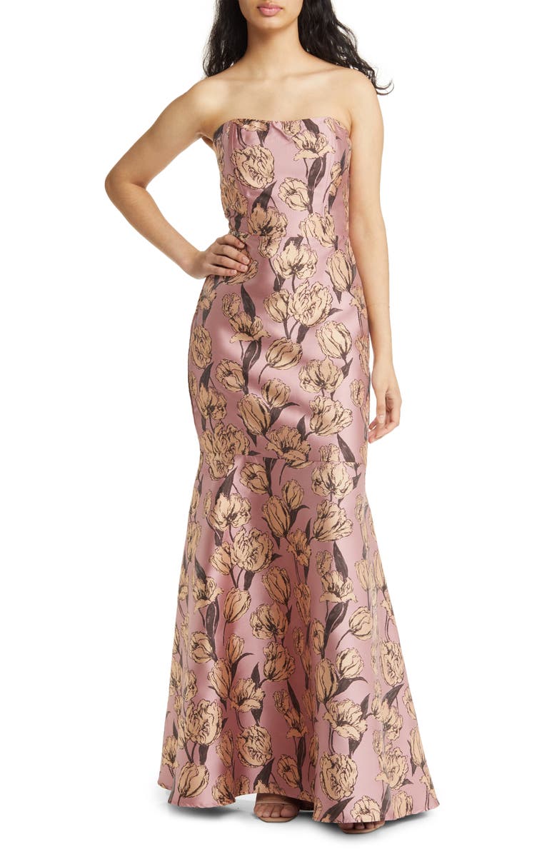 Lulus Gowning Around Floral Jacquard Strapless Trumpet Gown, Main, color,