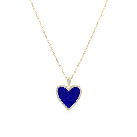 Large Lapis CZ Halo Heart Necklace