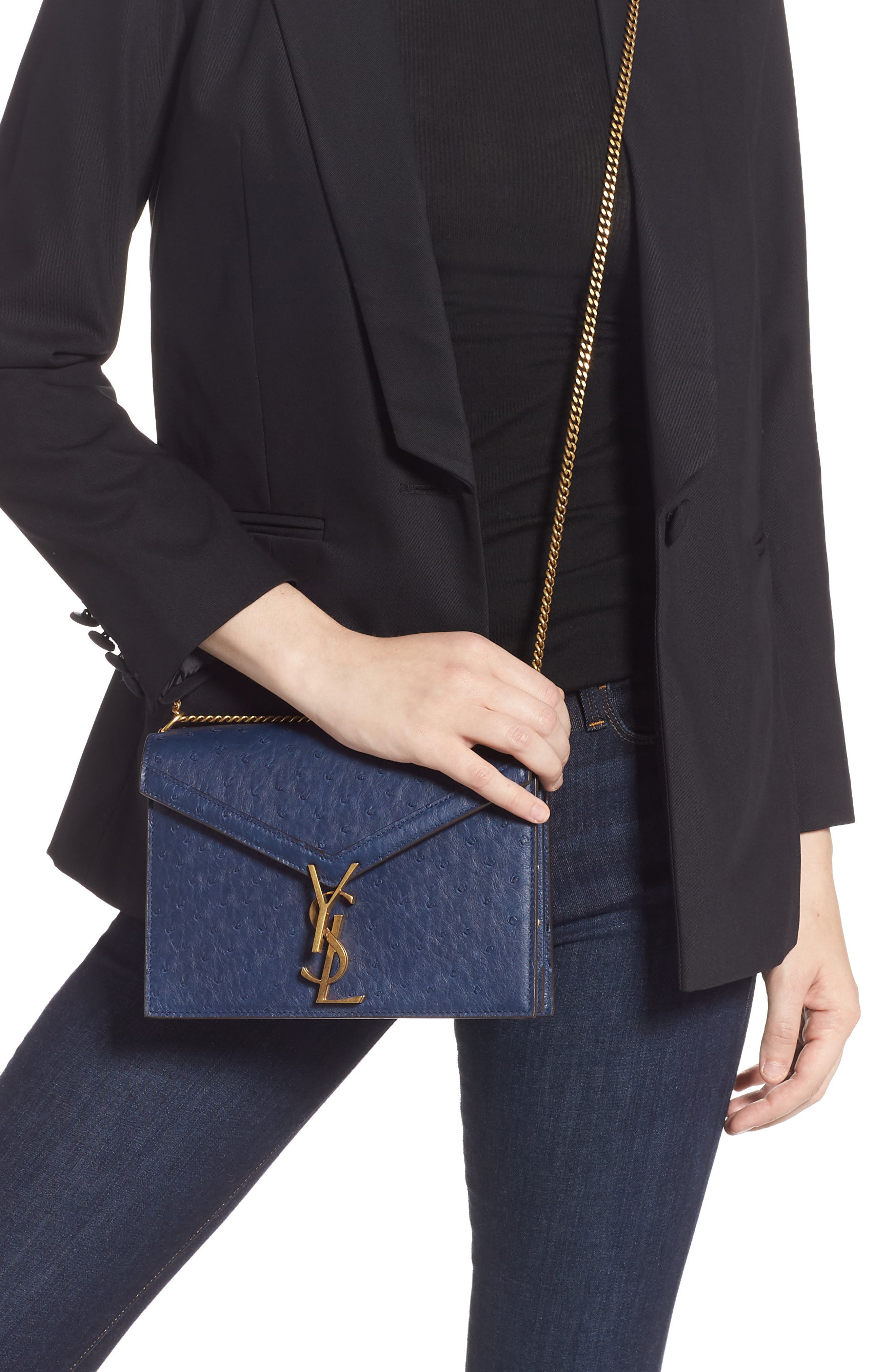 Saint Laurent Medium Cassandra Ostrich Leather Shoulder Bag, Alternate, color, 
