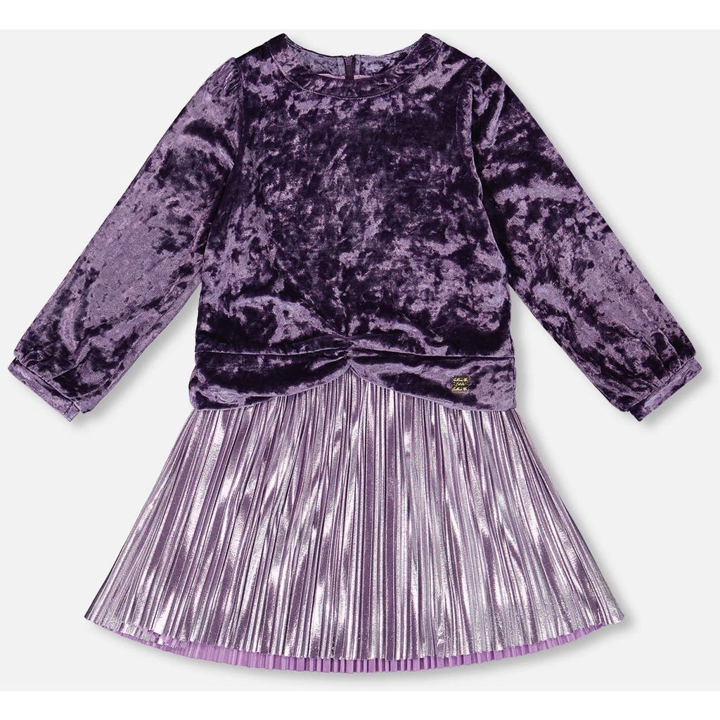 Deux Par Deux Long Sleeve Bi-material Velour And Jersey Dress In Purple