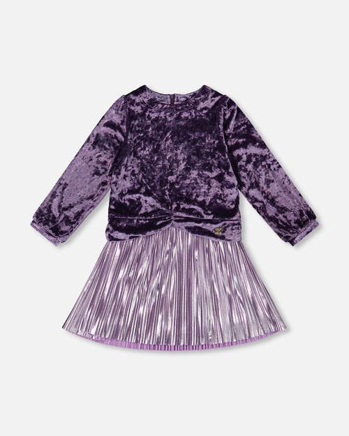 Deux Par Deux Long Sleeve Bi-material Velour And Jersey Dress In Purple