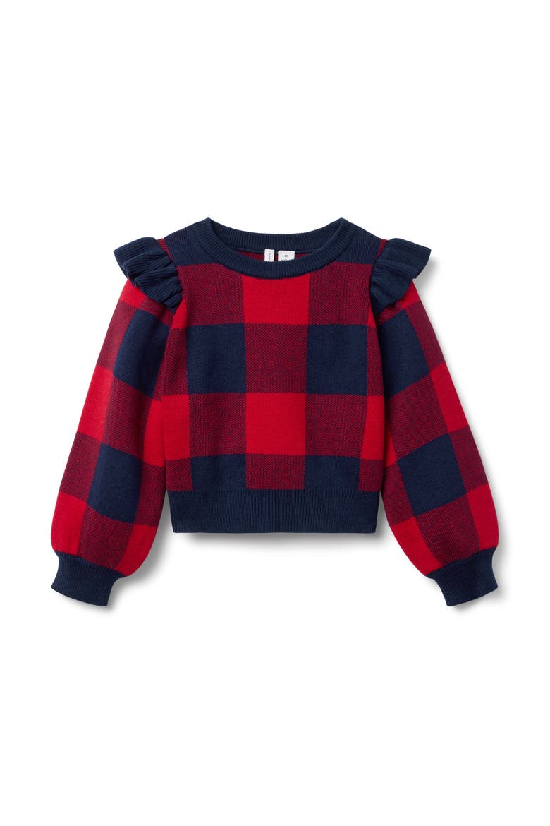 Plaid Ruffle Shoulder Sweater, Main, color, Red