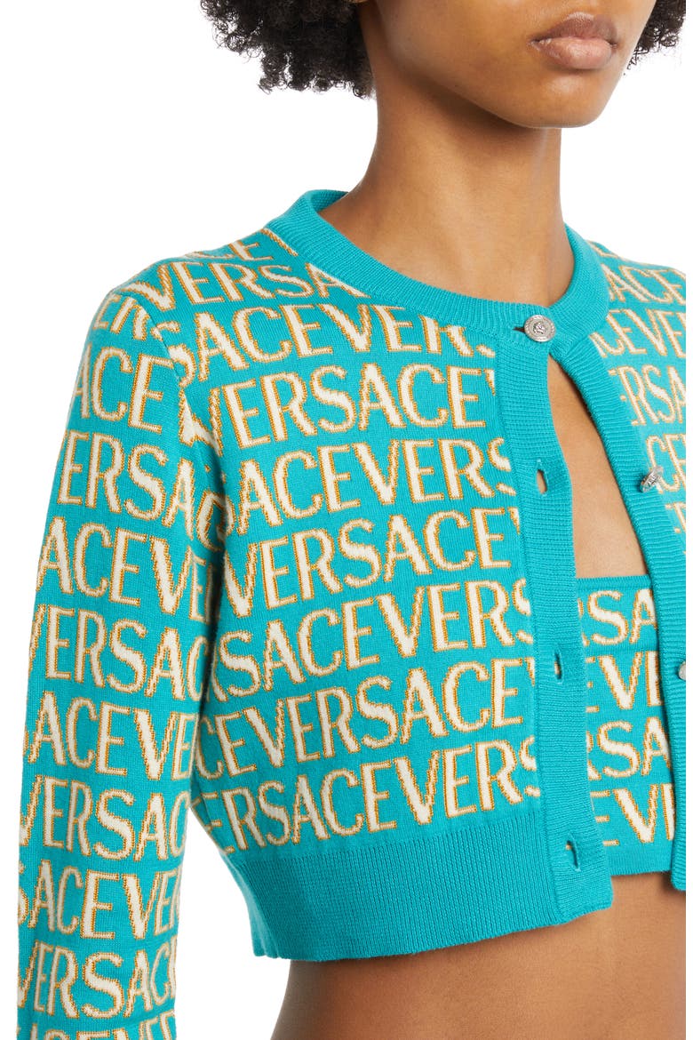 Metallic Logo Cotton Blend Crop Cardigan, Alternate, color, TURQUOISE LIGHT BLUE