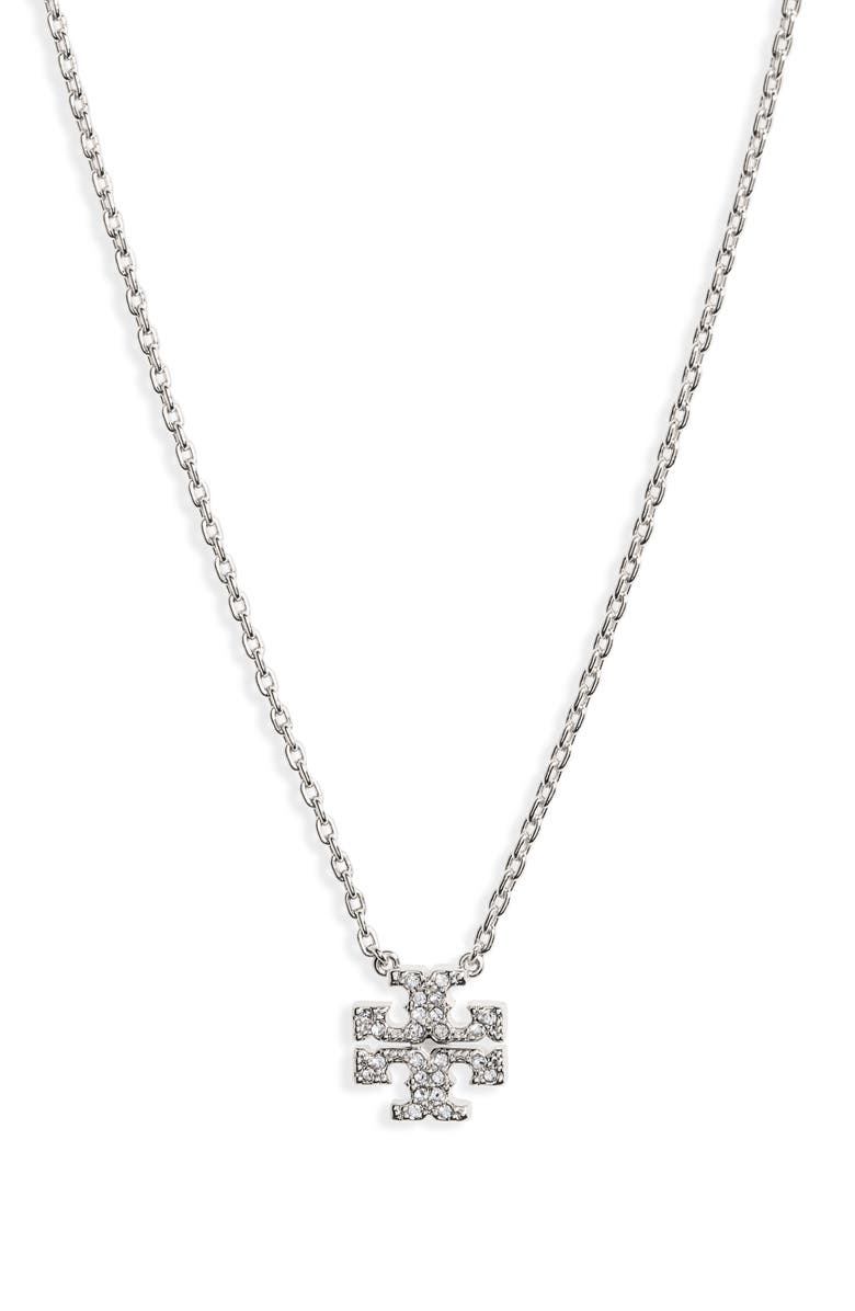 Tory Burch Pavé Logo Charm Necklace, Main, color, 